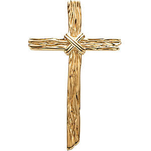 14K Yellow 50.75x32.25mm Woodgrain Cross Pendant