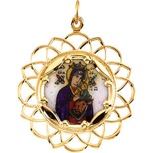 10K Yellow 25.75x25.75mm Our Lady of Perpetual Help Framed Enamel Pendant