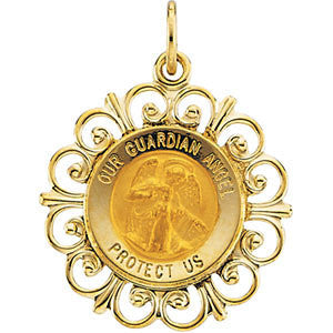 14K Yellow 18.5mm Round Guardian Angel Pendant Medal