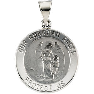 14K White 18.25x18.5mm Hollow Round Guardian Angel Medal