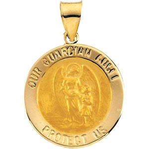 14K Yellow 18.25x18.5mm Hollow Round Guardian Angel Medal