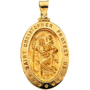 14K Yellow 28.75x20.00mm Hollow Oval St. Christopher Medal