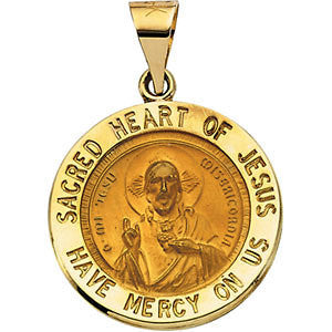 14K Yellow 18.5mm Hollow Round Sacred Heart of Jesus Medal