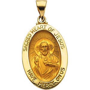 14K Yellow 23.25x16mm Hollow Oval Sacred Heart of Jesus Medal