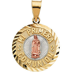 14K Yellow 16.75mm Tri-Color Mi Primera Comunion (First Holy Communion) Medal