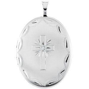 Sterling Silver .015 CT Diamond Oval Cross Locket