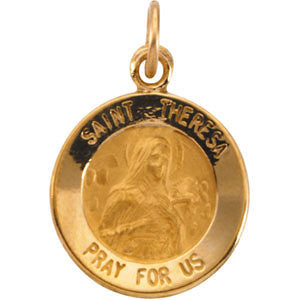 14K Yellow 12mm Round St. Theresa Medal