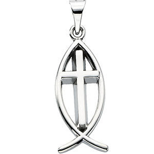 14K White 19x9mm Fish Pendant with Cross